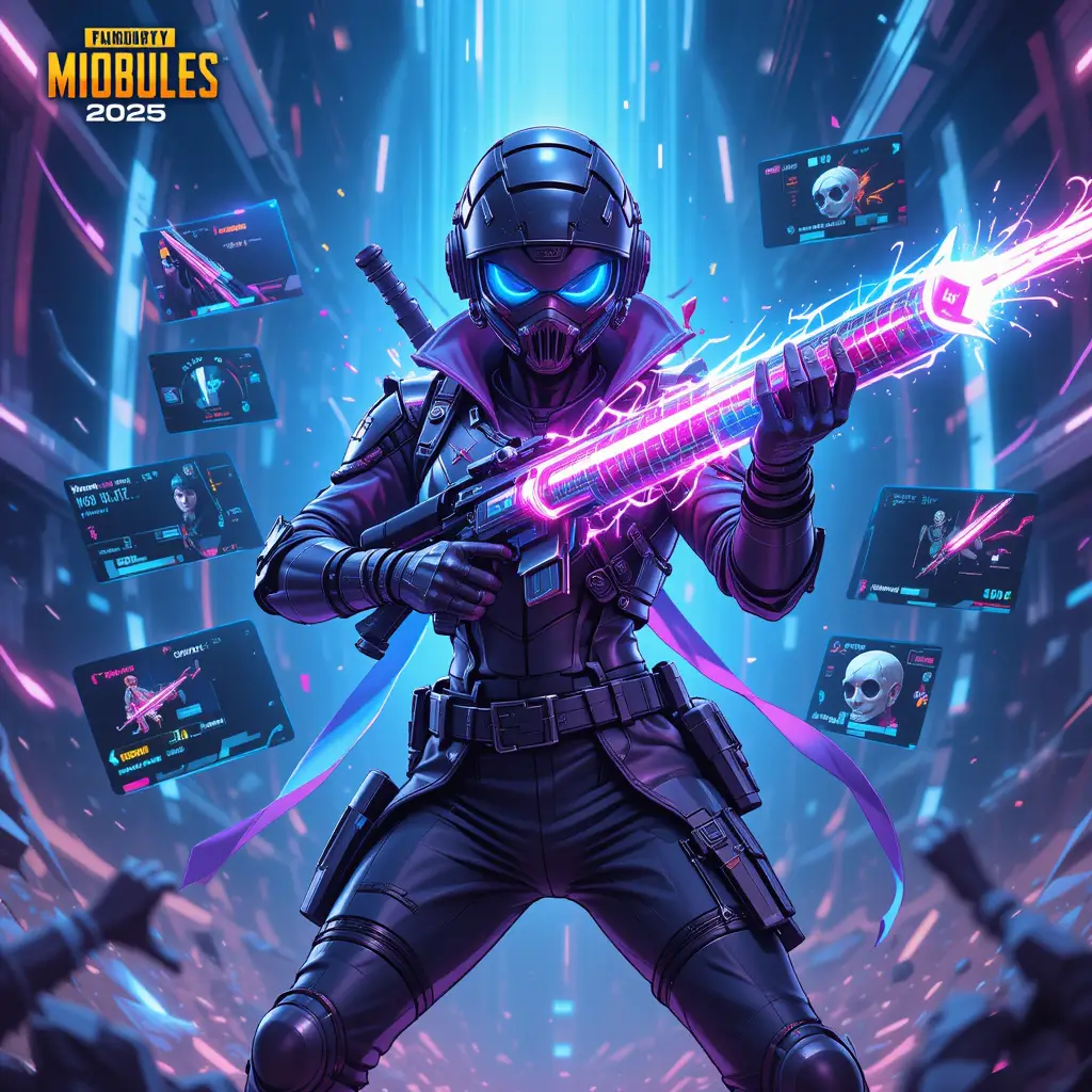 Create a futuristic and exciting PUBG Mobile 2025 illustration titled 'Most Anticipated Hero & Weapon Collaboration!'. Show a brand-new hero character wielding a unique, glowing weapon from an upcoming collaboration, surrounded by dynamic effects like energy trails, sparks, and neon highlights. Include floating UI elements showing weapon stats and hero abilities. Use vibrant neon colors — electric blue, hot pink, and bright purple — with cinematic lighting and dramatic action poses. Style: modern esports, highly detailed, visually striking, perfect for social media, YouTube thumbnails, and gaming previews.